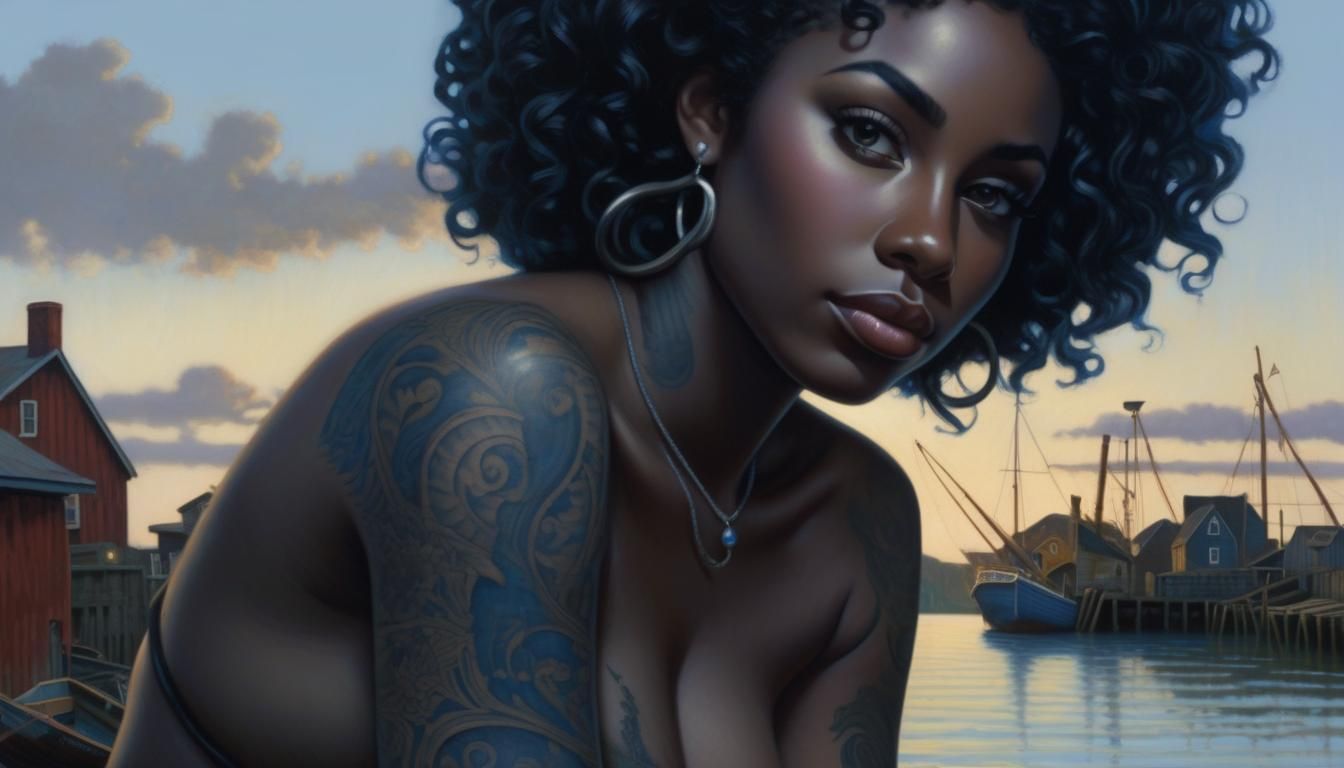 Curvy Woman on Dock at Dusk in Oil Painting Style