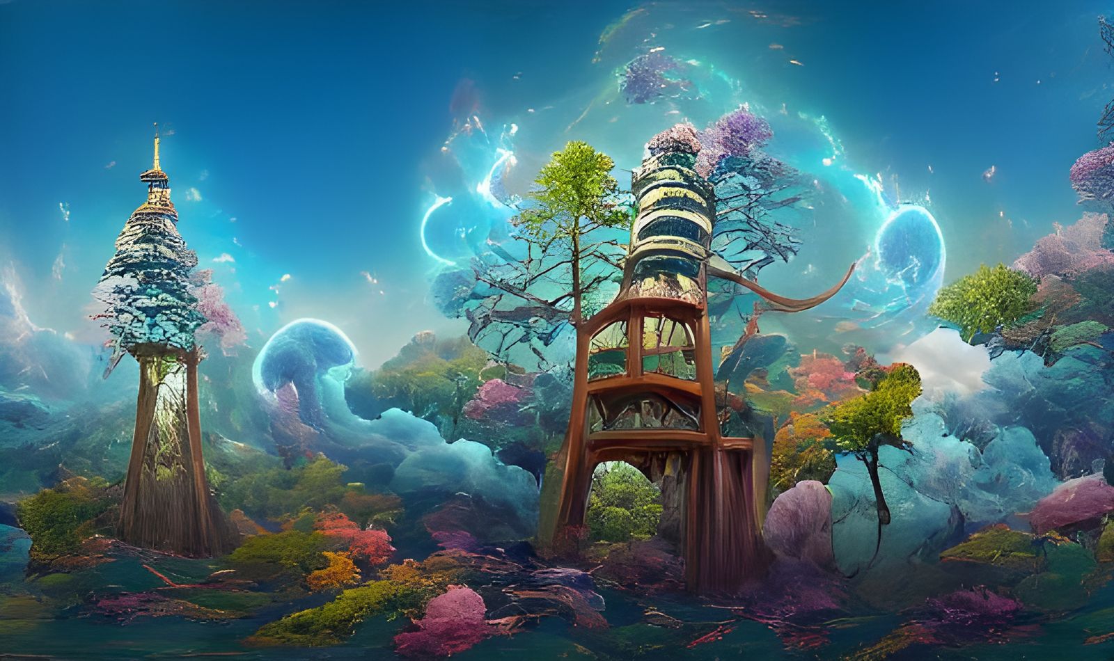 Psychedelic Sci-Fi Woods with Tower, Digital Art