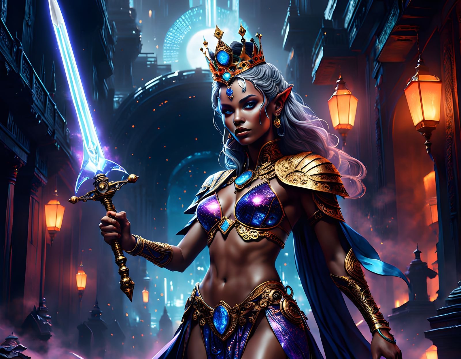 Elegant Empress with Golden Bikini and Sword in Cyberpunk St...