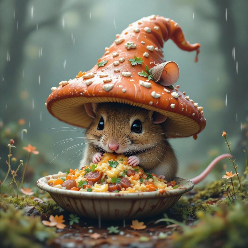 Mouse in Toadstool Hat Feast, Photorealistic Style