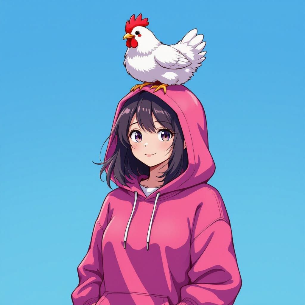 Girl with Chicken on Head in Vibrant Style