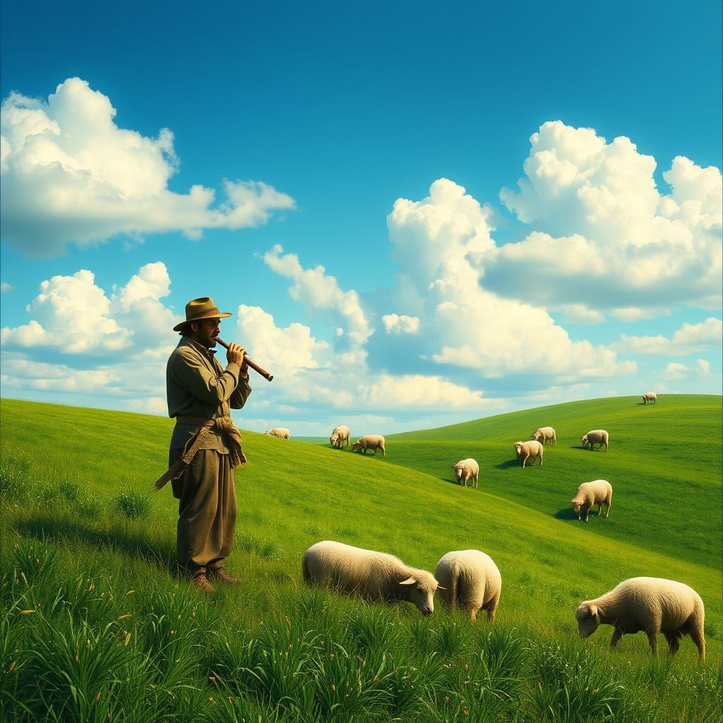 Shepherd and Flock in Meadow, Pastoral Style