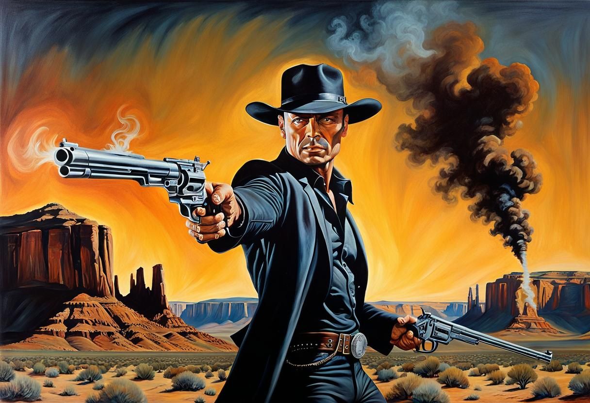 Hyperrealistic Gunslinger with Revolver in the Old West