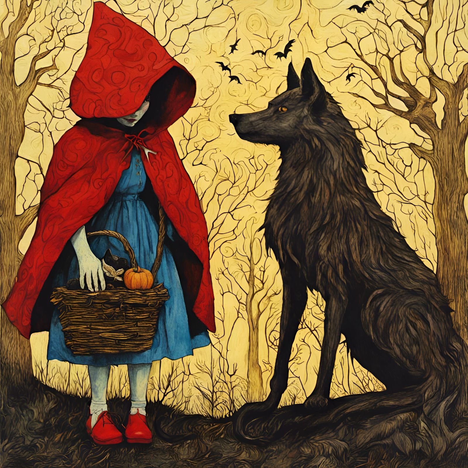 Little Red Riding Hood in Haunted Forest, Horror Art