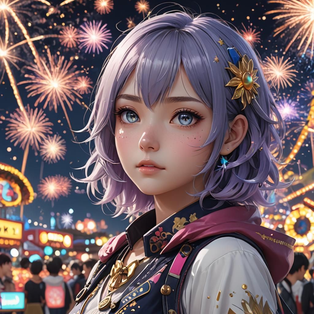 Anime Girl at Carnival with Fireworks