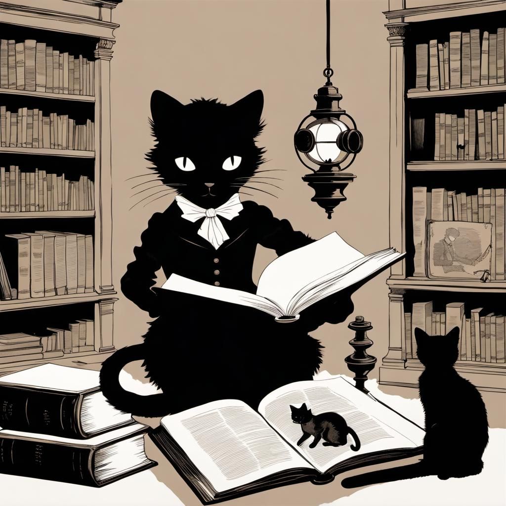 Steampunk Cat Enjoys a Book in Victorian-Style Silhouette Ar...