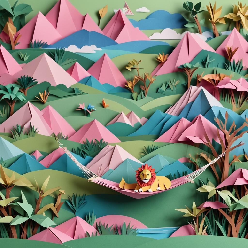 Lion in Hammock: Origami Papercraft on African Savannah