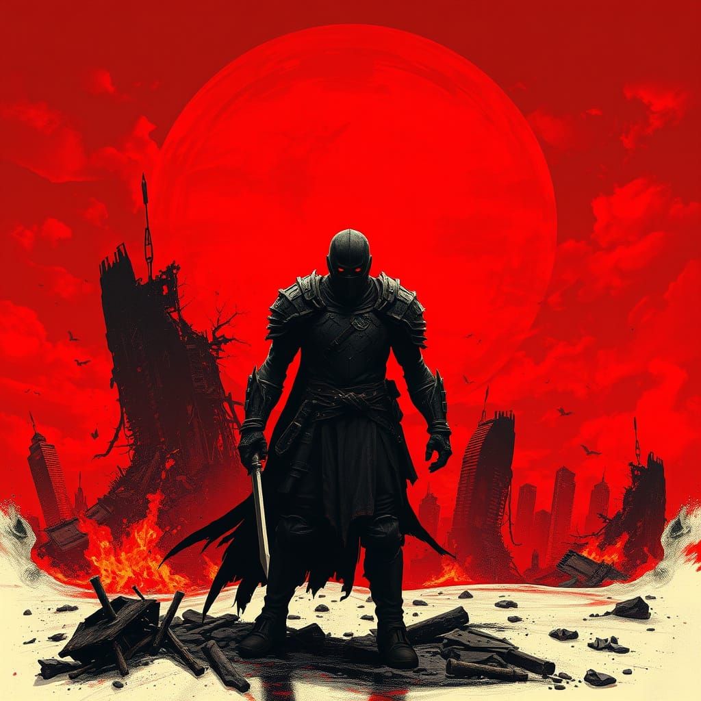 Warrior Defiant Against Crimson Horizon in Dark Fantasy Post...