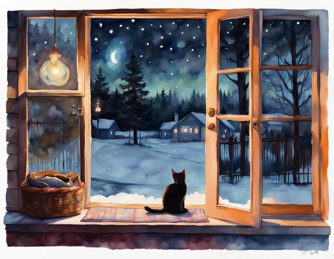 Girl with Kittens Under Moonlit Sky