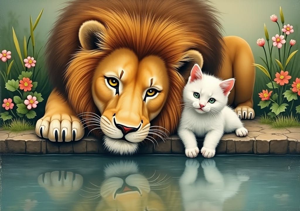 Lion and Kitten in Rousseau Style Reflecting Pool