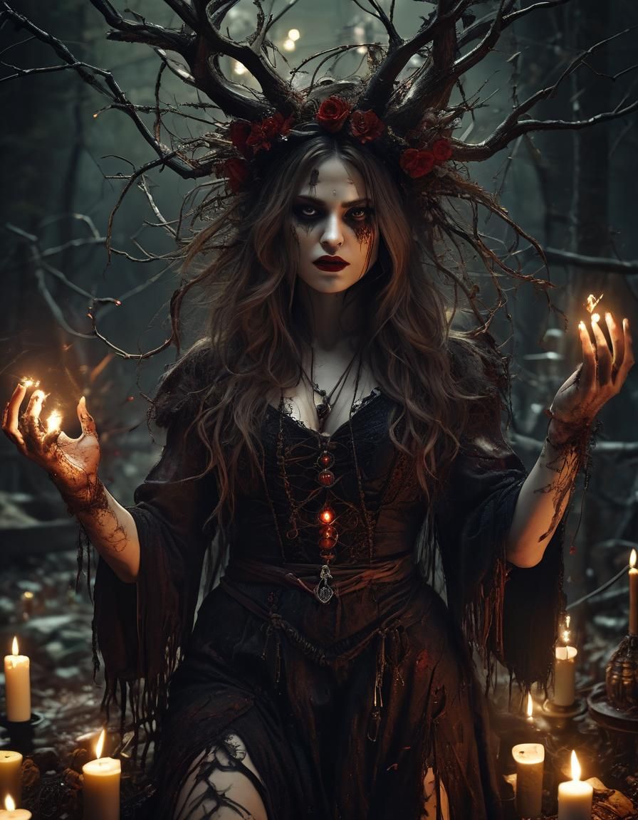 Scary Pagan Witch Performing Bloody Ritual