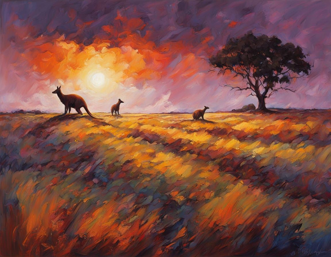 Abstract Expressionist Landscape with Women and Kangaroo