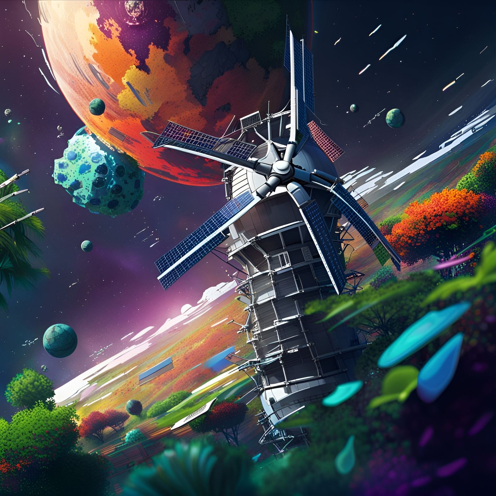 Windmills on Space Station Orbiting Lush Planet