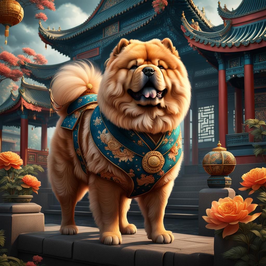 Chow chow dog in the style of Chinoiserie