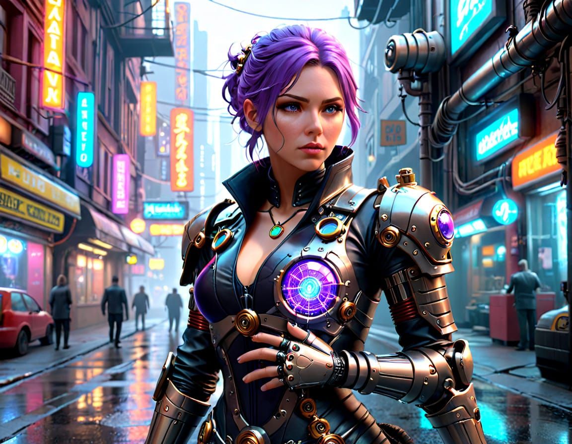 Mad Scientist in Cyberpunk Steampunk Cityscape