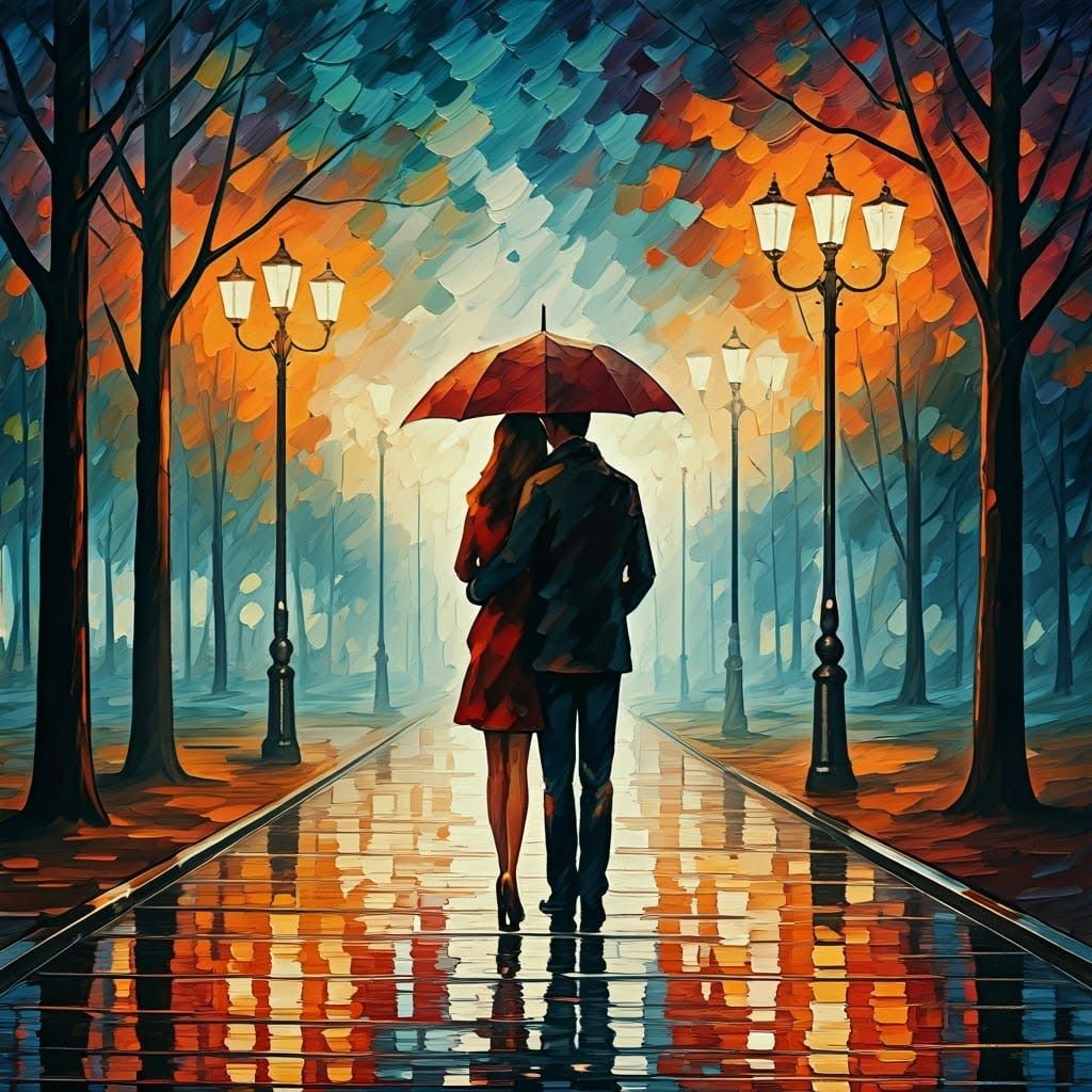 Romantic Impressionist City Scene Under Golden Umbrella