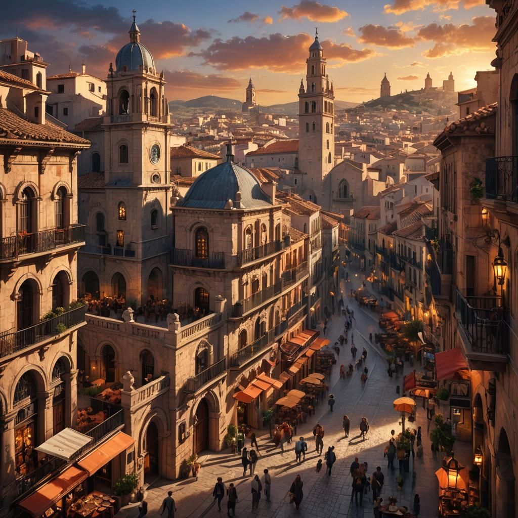 Spanish Downtown Sunset: Cinematic Fantasy Art