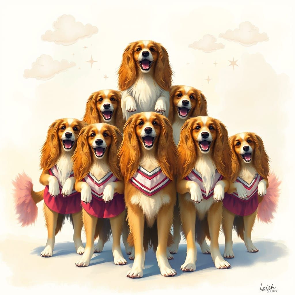 Vibrant Afghan Hound Cheerleaders in Whimsical Cloudscape
