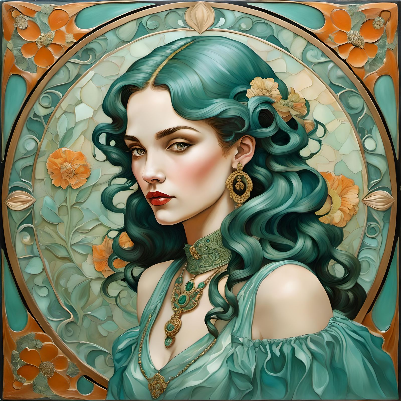 Multi Racial Tycoon Portrait in Art Nouveau Style