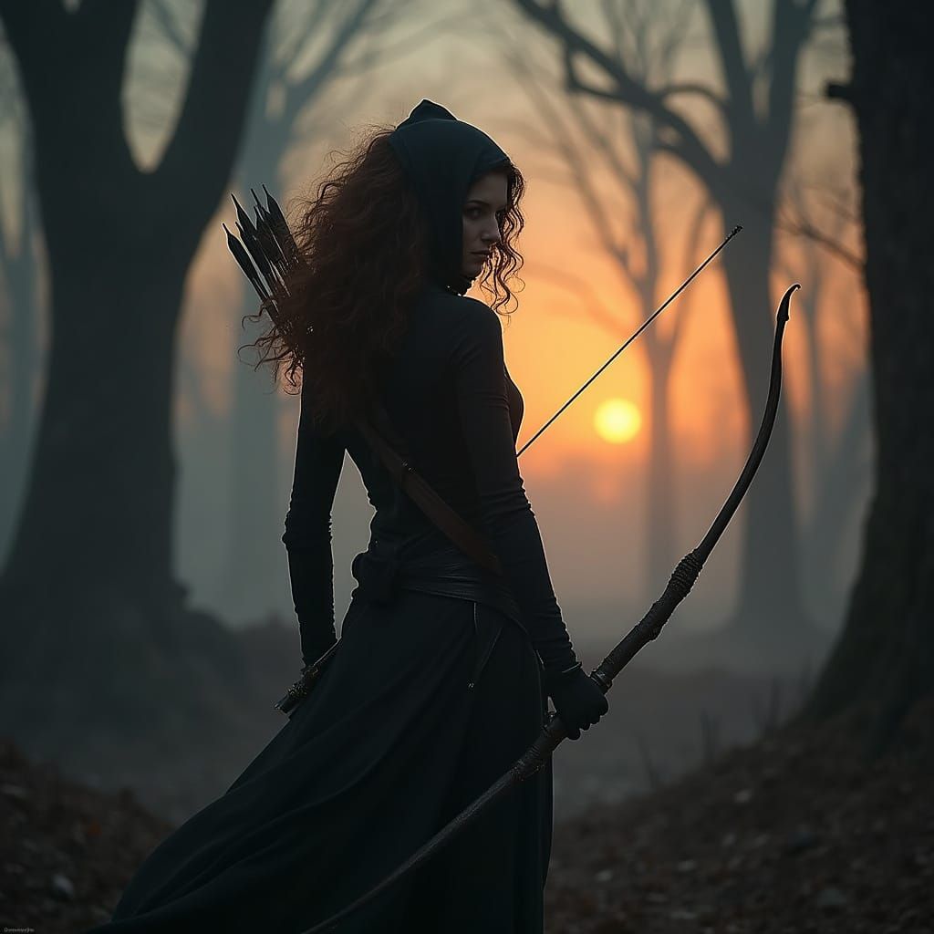 Sleek Ninja Woman Hunts in Dark Fantasy Woods