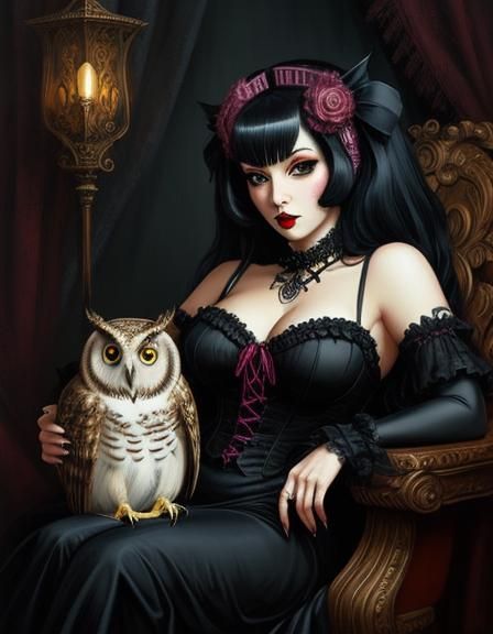 Owl Girl Pinup in Horrorcore Anime Rococo Goth Style