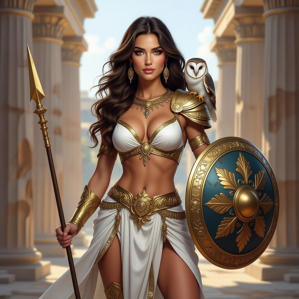 Goddess Warrior with Owl in Ancient Temple: Digital Art