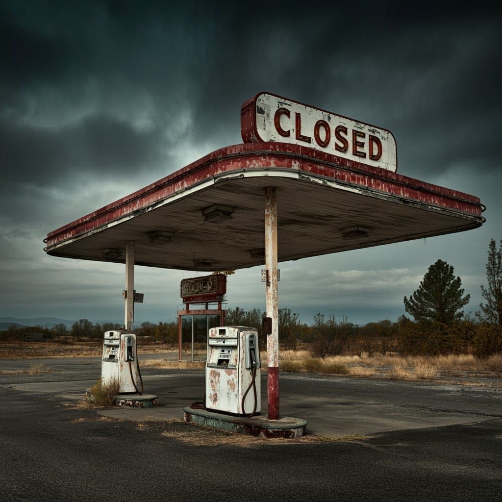 Abandoned Gas Station on Highway: Hyperrealistic HDR Image