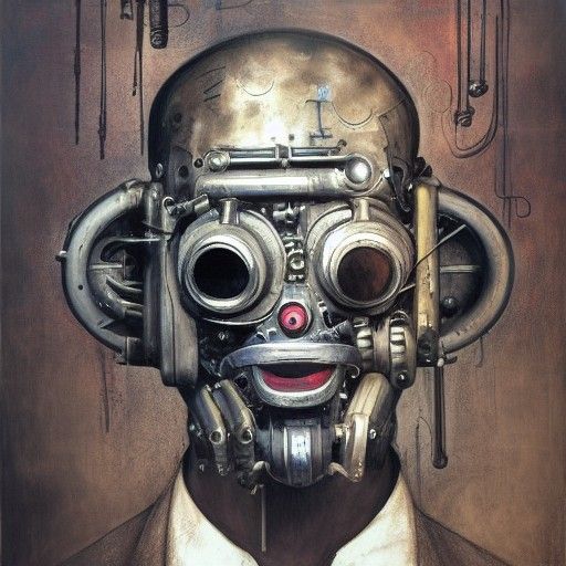 Hideous Mask in Dieselpunk Cyberpunk Surrealism