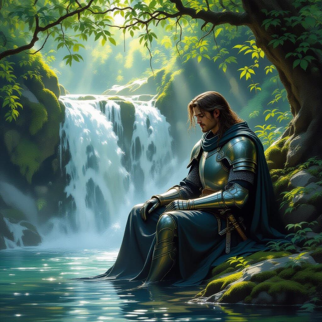 Knight in Robes Finds Peace Beside Waterfall