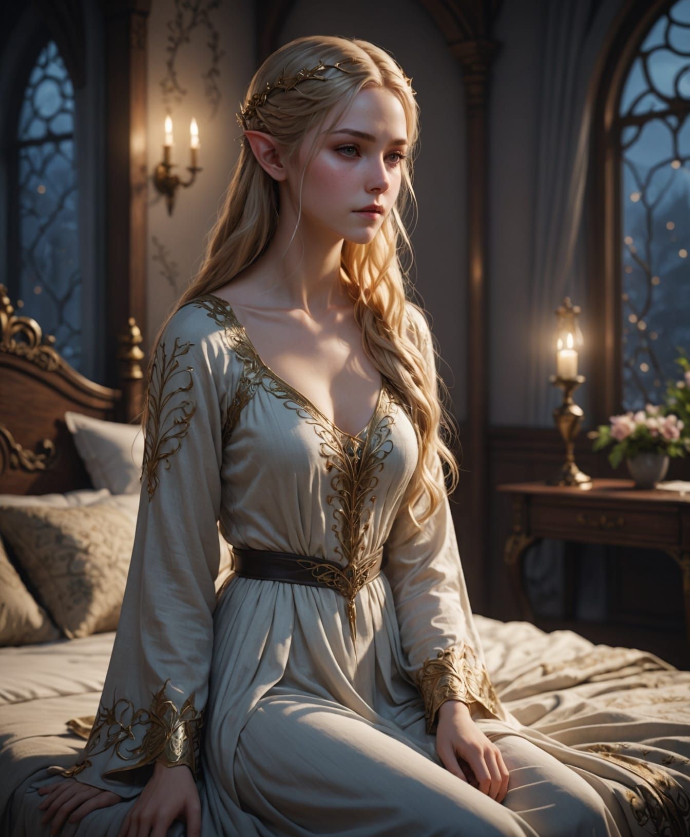 Golden haired Elven maiden wearing a night gown