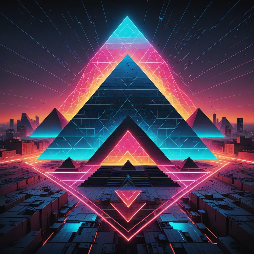 Vibrant Pyramids Rise Amidst Futuristic Cityscape Geometry
