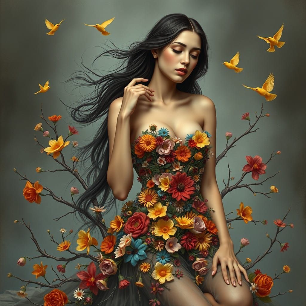 Ethereal Woman in Floral Latticework