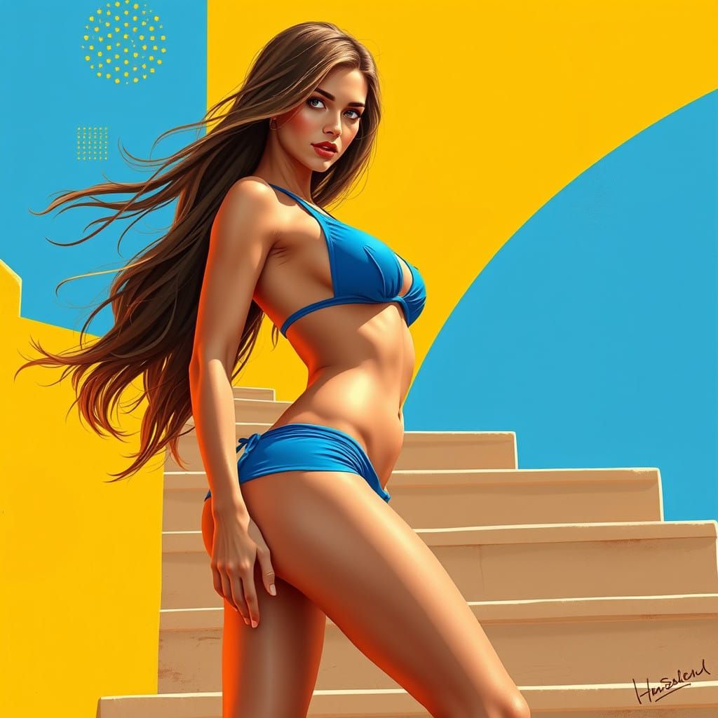 Stylized Pop Art Goddess Ascending Stairs in Vibrant Colors