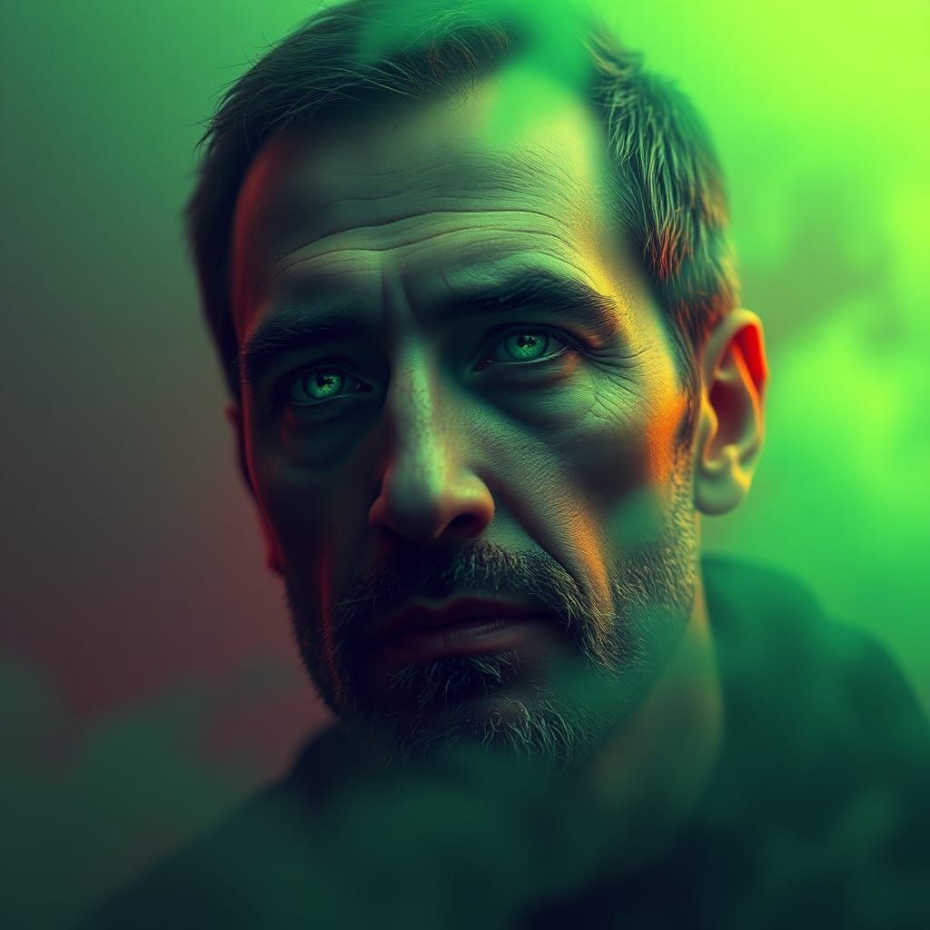 Eerie Green Mist Envelops Contemplative Man