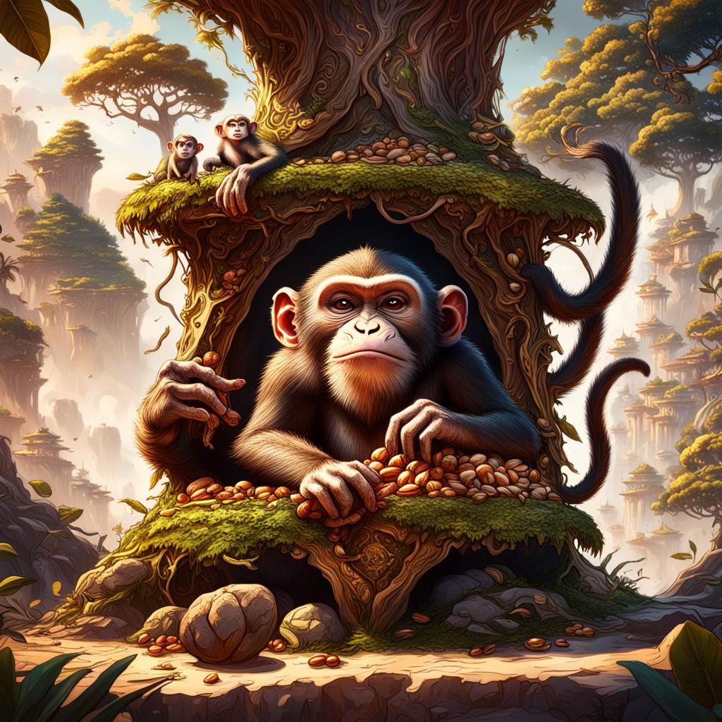 Baby Monkey Eating Walnut in Detailed Matte Painting