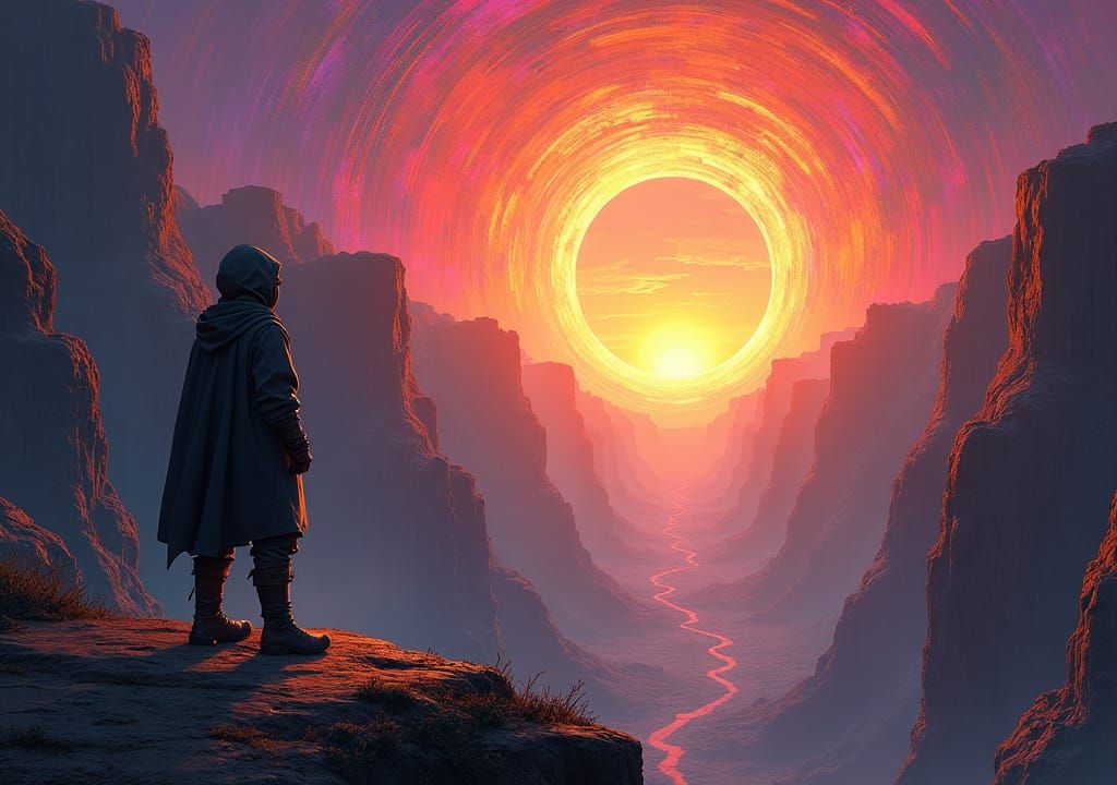 Psychedelic Sunset Over Canyon in Futuristic Style