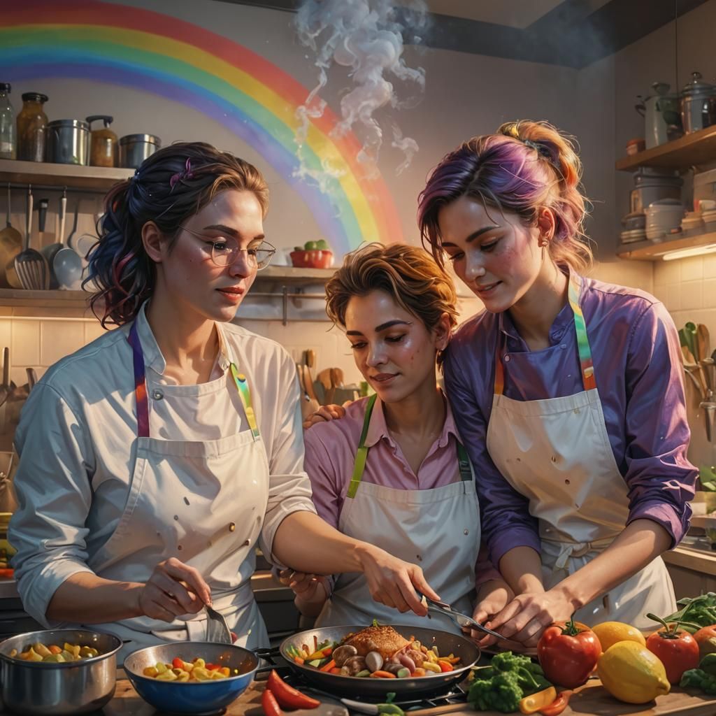 Polyamorous family cooking dinner