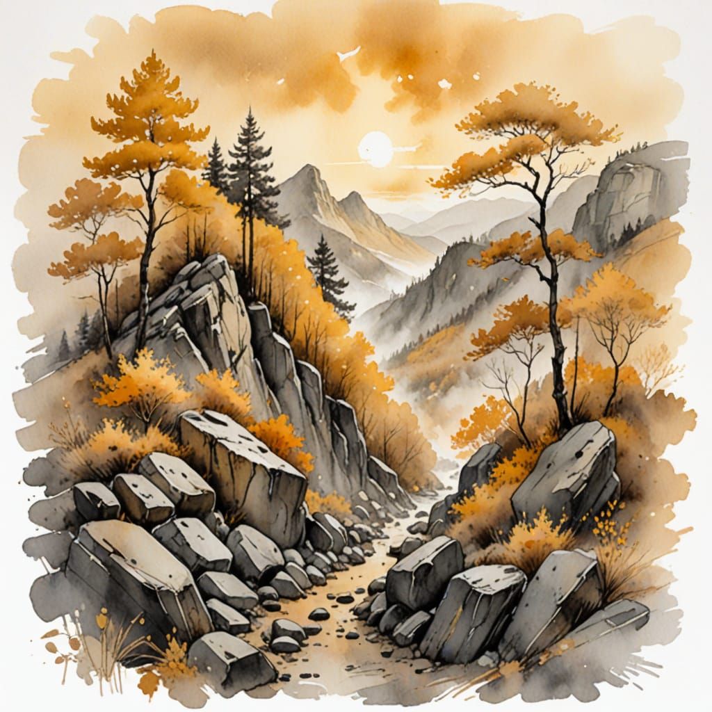 Autumn Mountain Pass in Watercolor Style