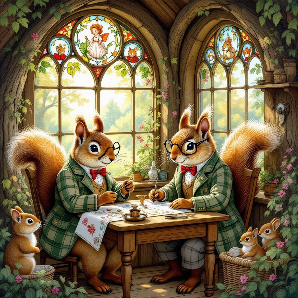 Squirrel Tailors in Woodland Oak Tree Shop
