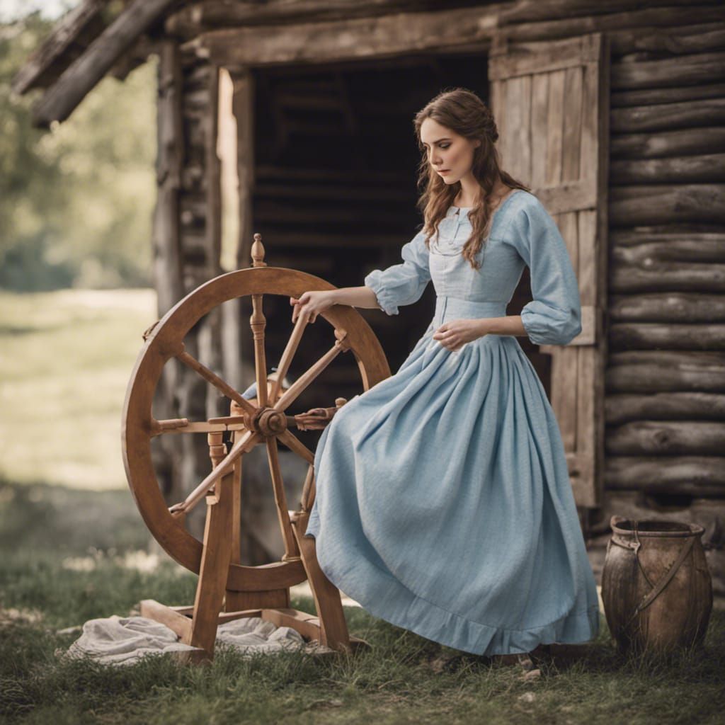 Woman Spinning Wool in Front of Farmhouse