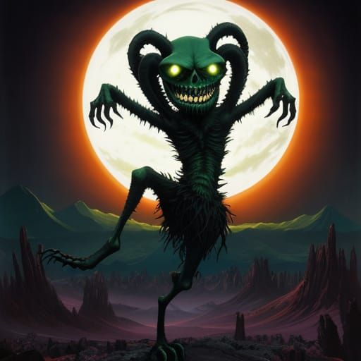 Wacky Monster Dances in Surreal Macabre Fantasy Landscape