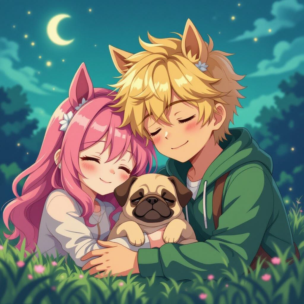 Anime Boy and Girl with Puppy in Dreamscape