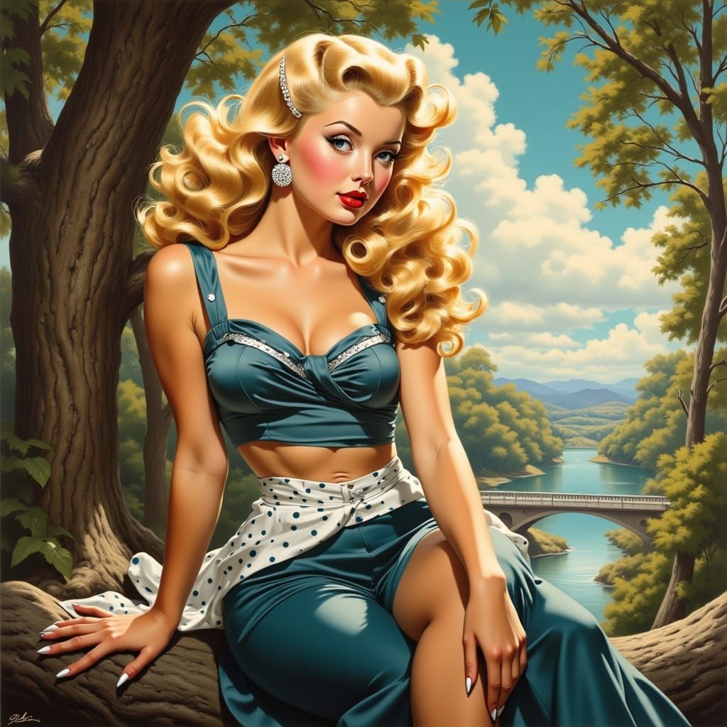 Serene Woman Gazes at River in 1950s Pinup Style