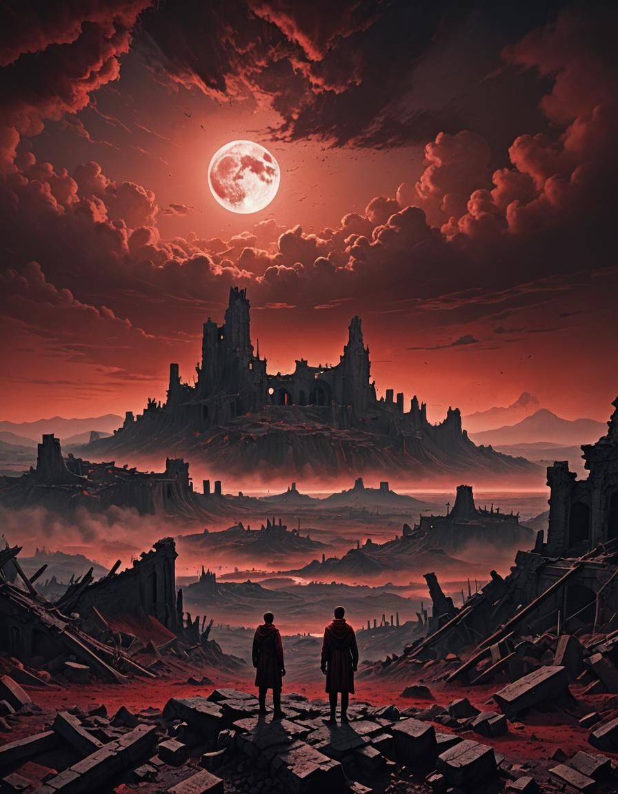 Apocalyptic Wasteland with Red Moon in Dark Surrealism