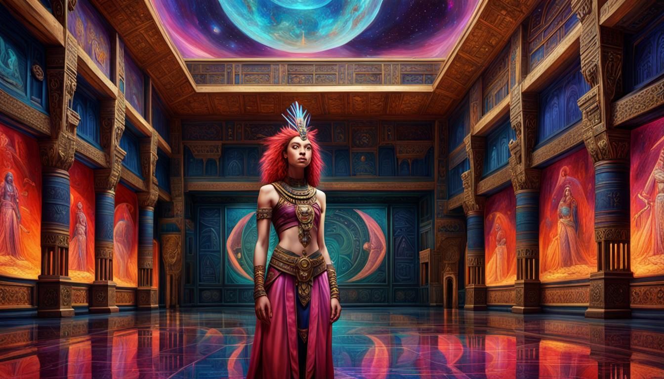 "beautiful Egyptian paintings painted in a large ornate hall...