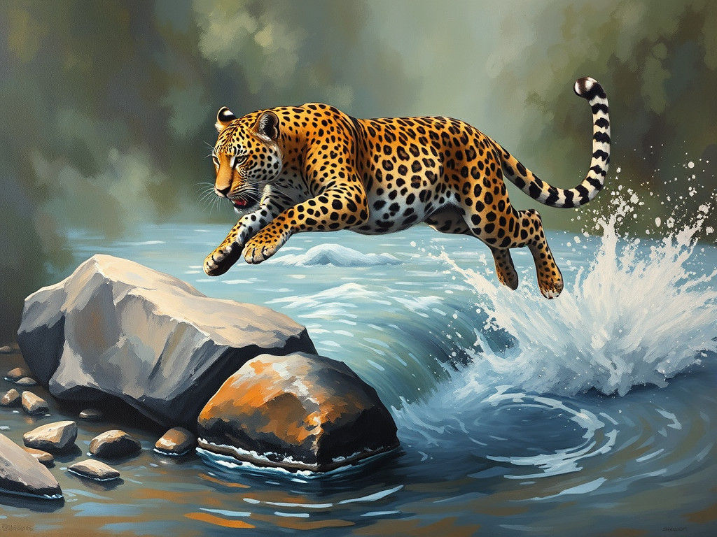 Leopard Leaping Stream: An Oil Painting