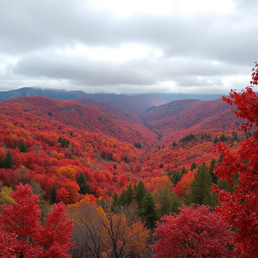 Autumn Valley View with Fire Red Maple Trees
