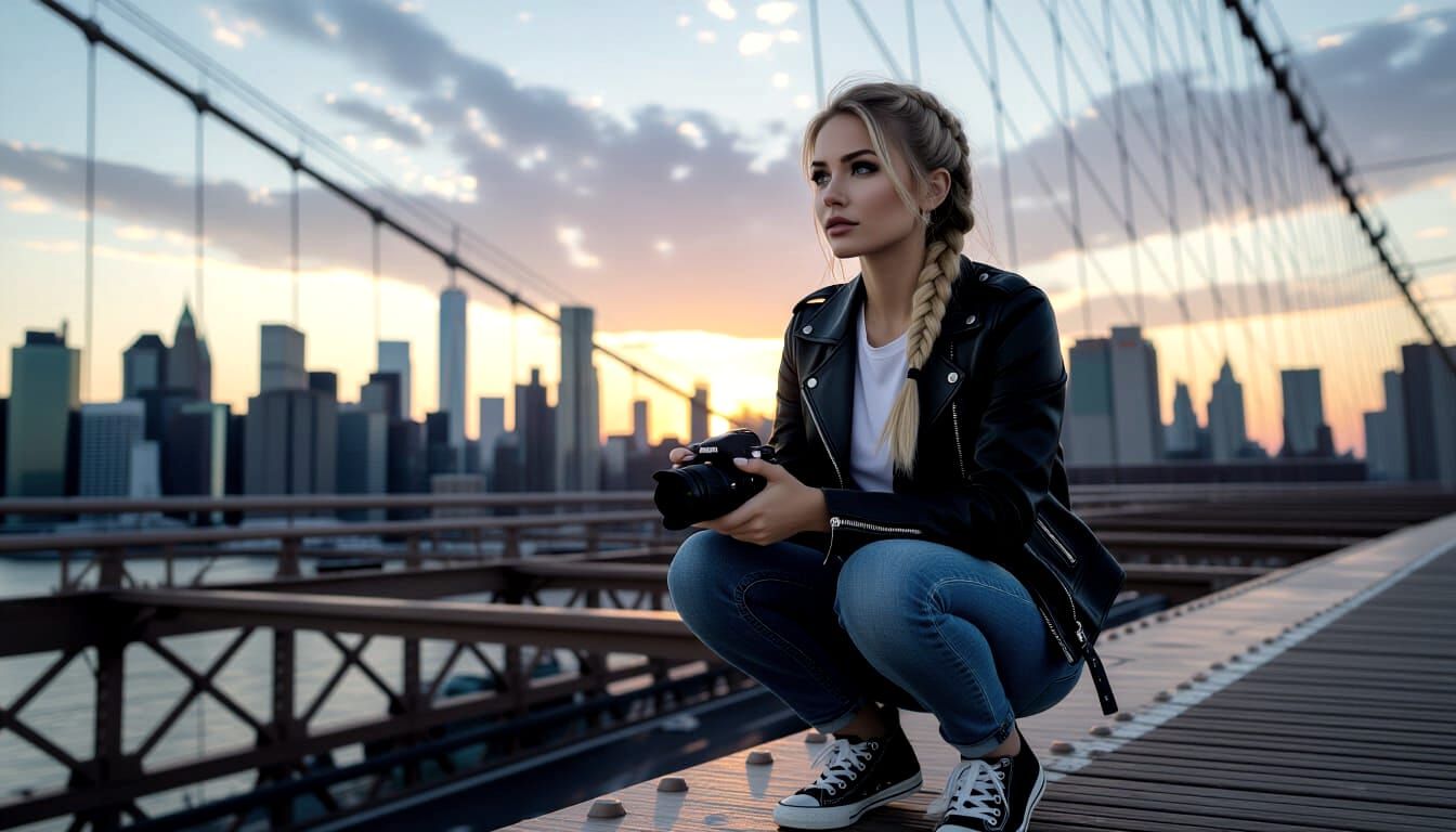 Woman on Brooklyn Bridge at Sunset: Cinematic Film Still