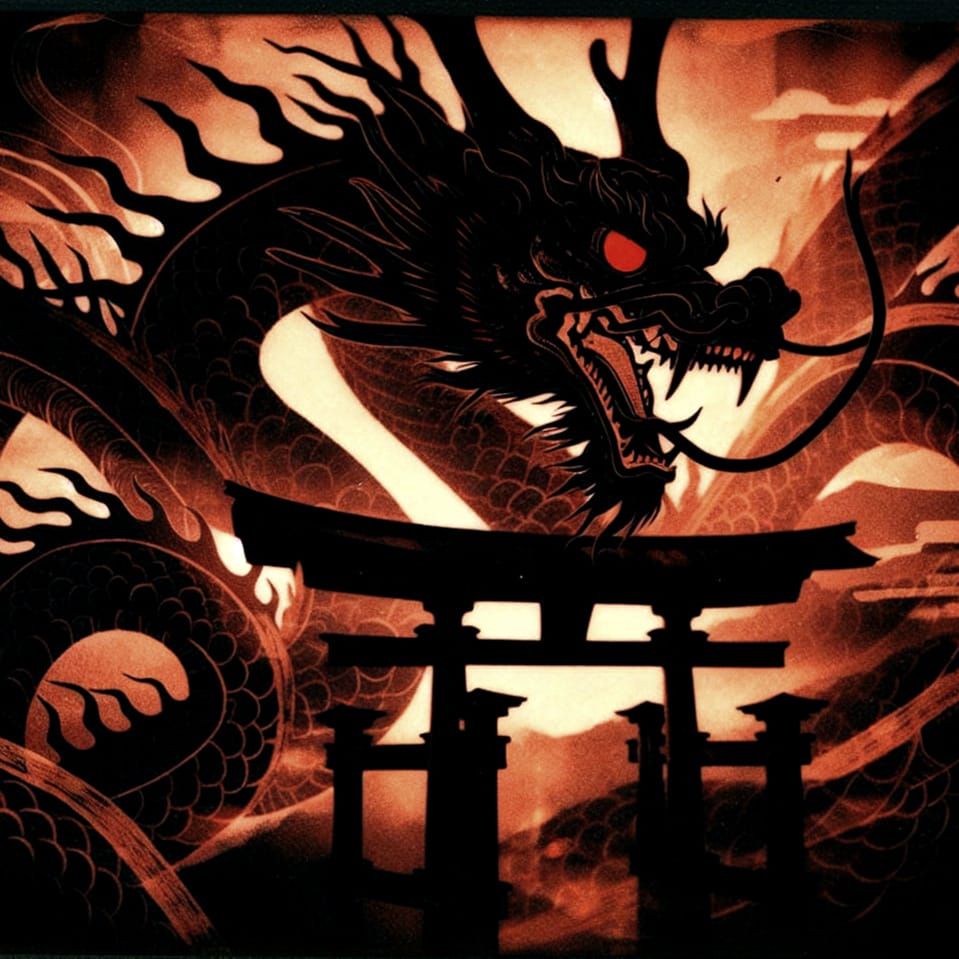 Japanese Dragon Through Torii Gate in Analog Horror Style