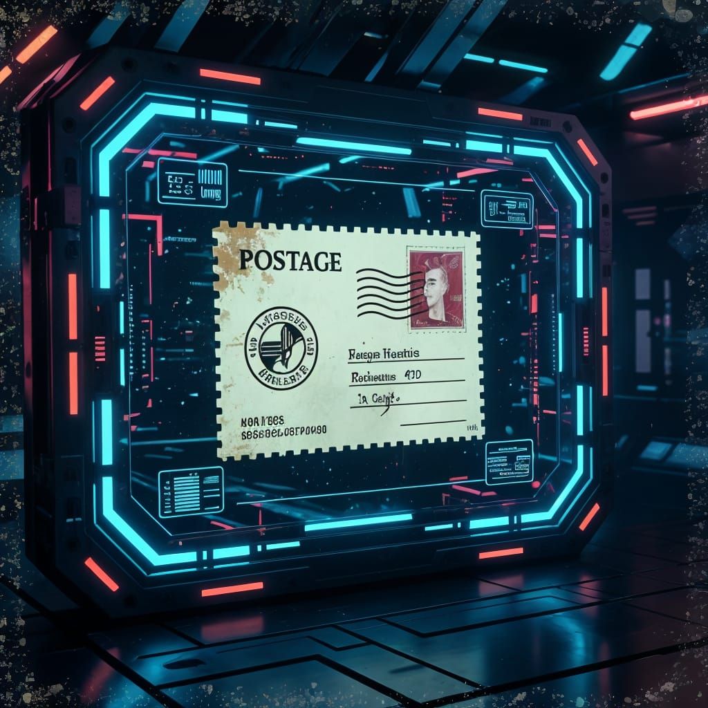 Vintage Stamp in Futuristic Sci-Fi Container
